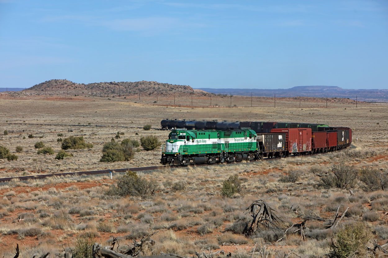 After having dropped of the loaded cattle feed covered hoppers at a farm en route The Apache Railway 81 and 98 run through the S-curve with only cars for storage at Heber on 5 March 2020.